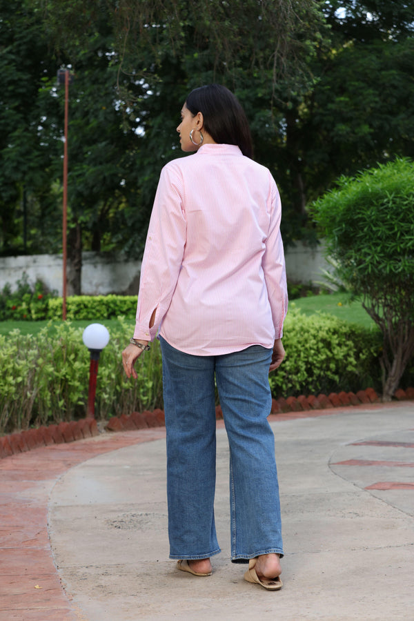 Pink Striped 100% Cotton Oxford Full Sleeve Shirt Without Pocket