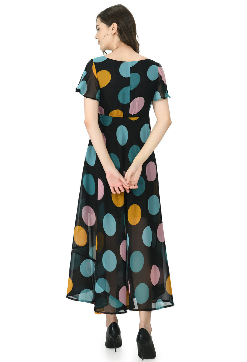 Floral Print Georgette Flared Sleeves Black Maxi Dress