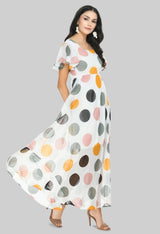 Floral Print Georgette Flared Sleeves White Maxi Dress