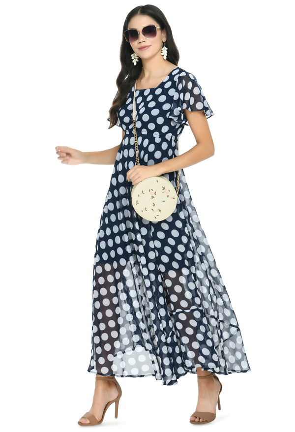 Floral Print Georgette Flared Sleeves Navy Blue Maxi Dress