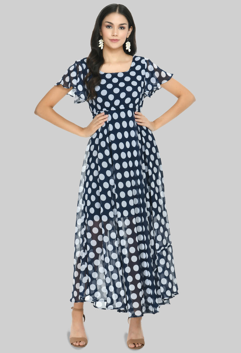 Floral Print Georgette Flared Sleeves Navy Blue Maxi Dress