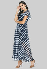 Floral Print Georgette Flared Sleeves Navy Blue Maxi Dress