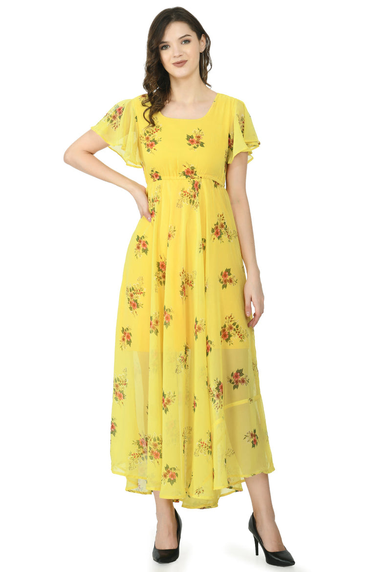 Floral Print Georgette Flared Sleeves Yellow Maxi Dress