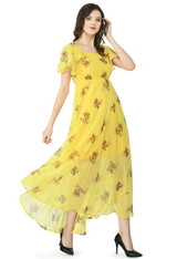 Floral Print Georgette Flared Sleeves Yellow Maxi Dress