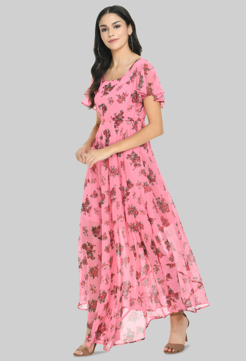 Floral Print Georgette Flared Sleeves Pink Maxi Dress