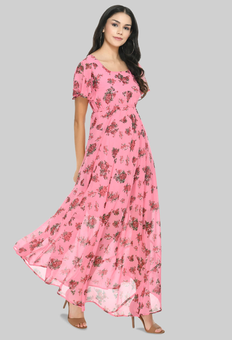 Floral Print Georgette Flared Sleeves Pink Maxi Dress