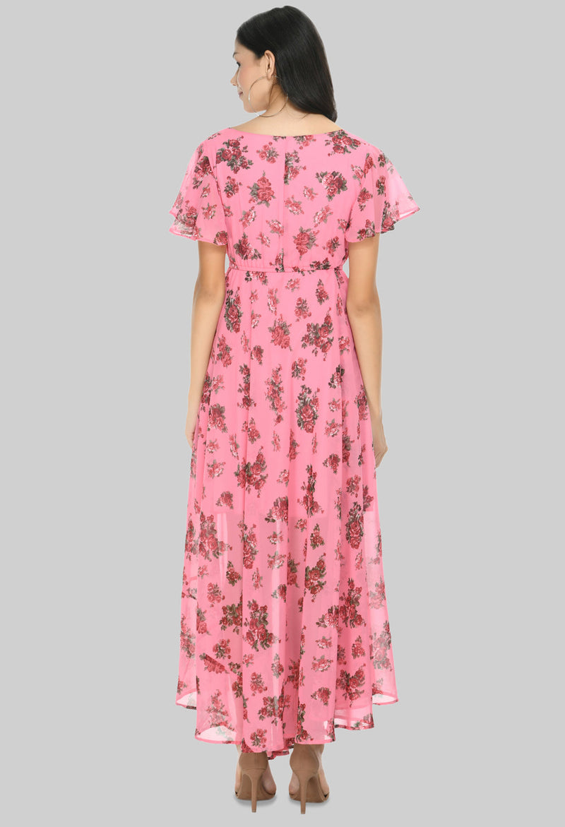 Floral Print Georgette Flared Sleeves Pink Maxi Dress