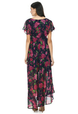 Floral Print Georgette Flared Sleeves Black Maxi Dress