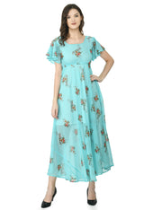 Floral Print Georgette Flared Sleeves Turquoise Blue Maxi Dress