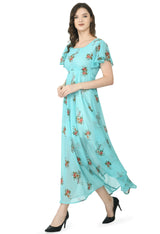 Floral Print Georgette Flared Sleeves Turquoise Blue Maxi Dress