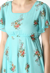 Floral Print Georgette Flared Sleeves Turquoise Blue Maxi Dress