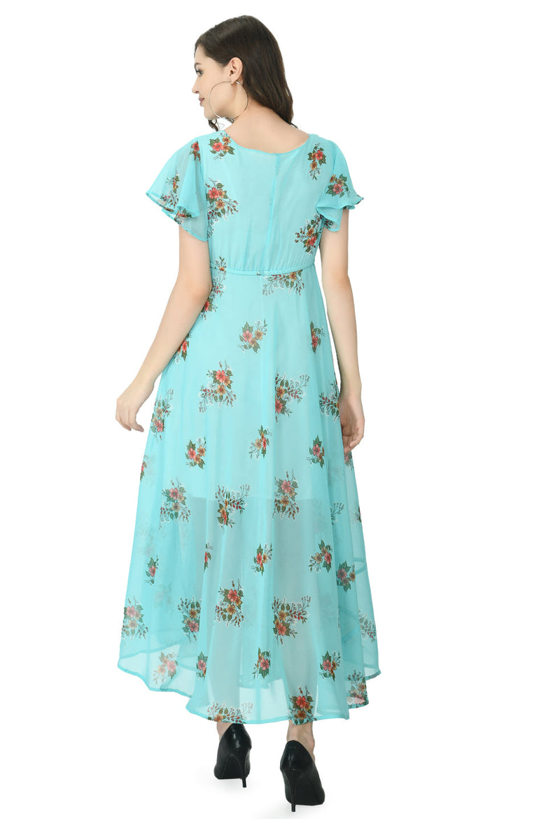 Floral Print Georgette Flared Sleeves Turquoise Blue Maxi Dress