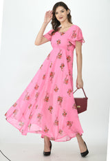 Floral Print Georgette Flared Sleeves Pink Maxi Dress