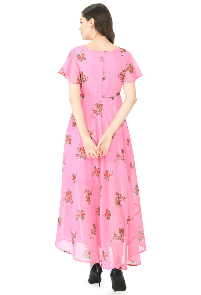 Floral Print Georgette Flared Sleeves Pink Maxi Dress