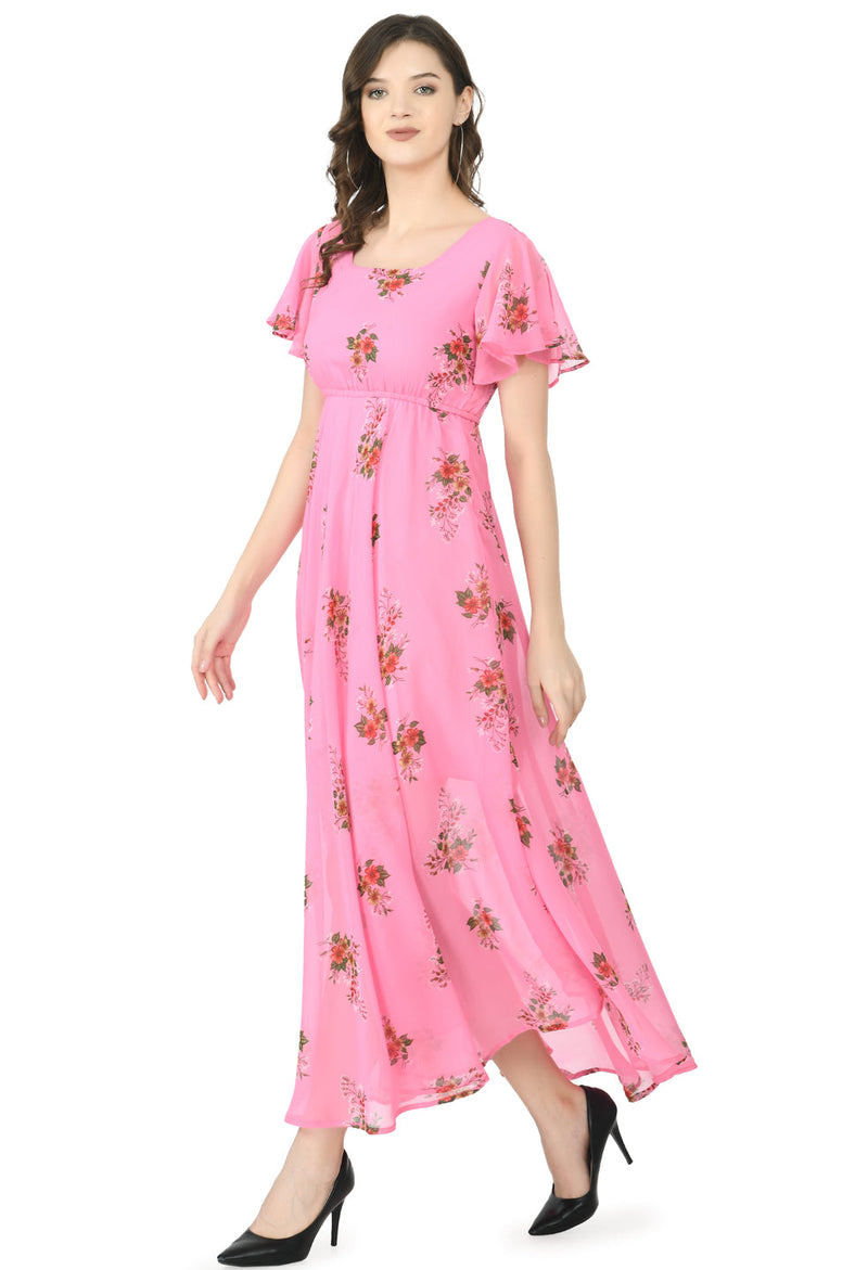 Floral Print Georgette Flared Sleeves Pink Maxi Dress