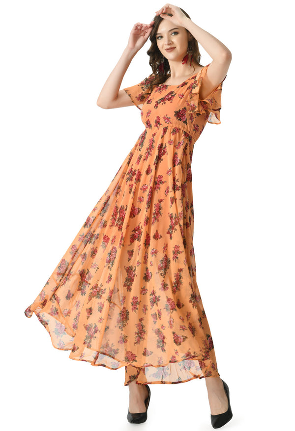 Floral Print Georgette Flared Sleeves Orange Maxi Dress