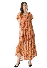 Floral Print Georgette Flared Sleeves Orange Maxi Dress