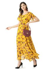 Floral Print Georgette Flared Sleeves Mustard Maxi Dress