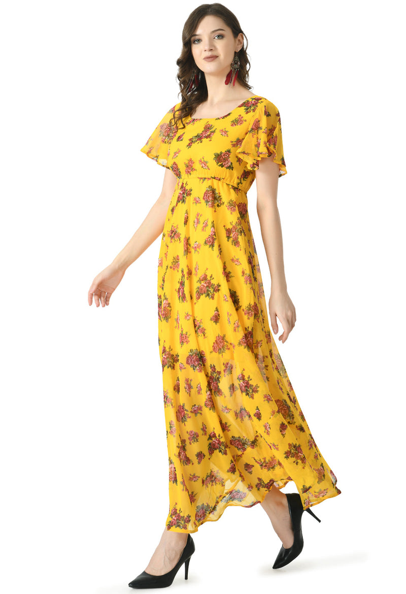 Floral Print Georgette Flared Sleeves Mustard Maxi Dress