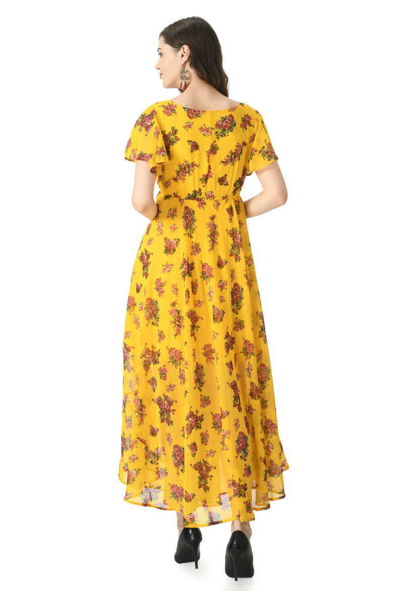 Floral Print Georgette Flared Sleeves Mustard Maxi Dress