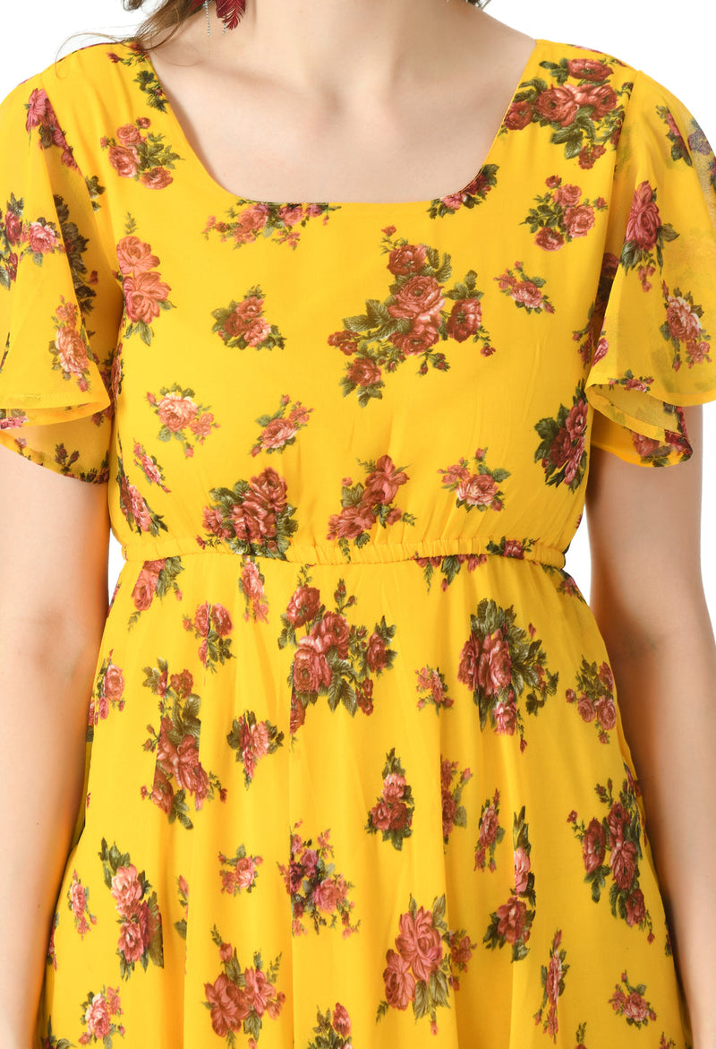 Floral Print Georgette Flared Sleeves Mustard Maxi Dress