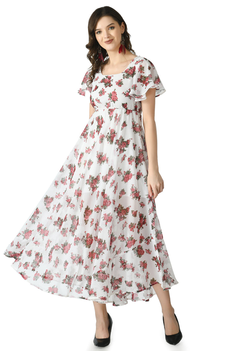 Floral Print Georgette Flared Sleeves White Maxi Dress