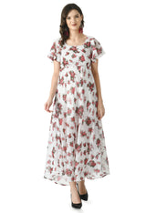 Floral Print Georgette Flared Sleeves White Maxi Dress