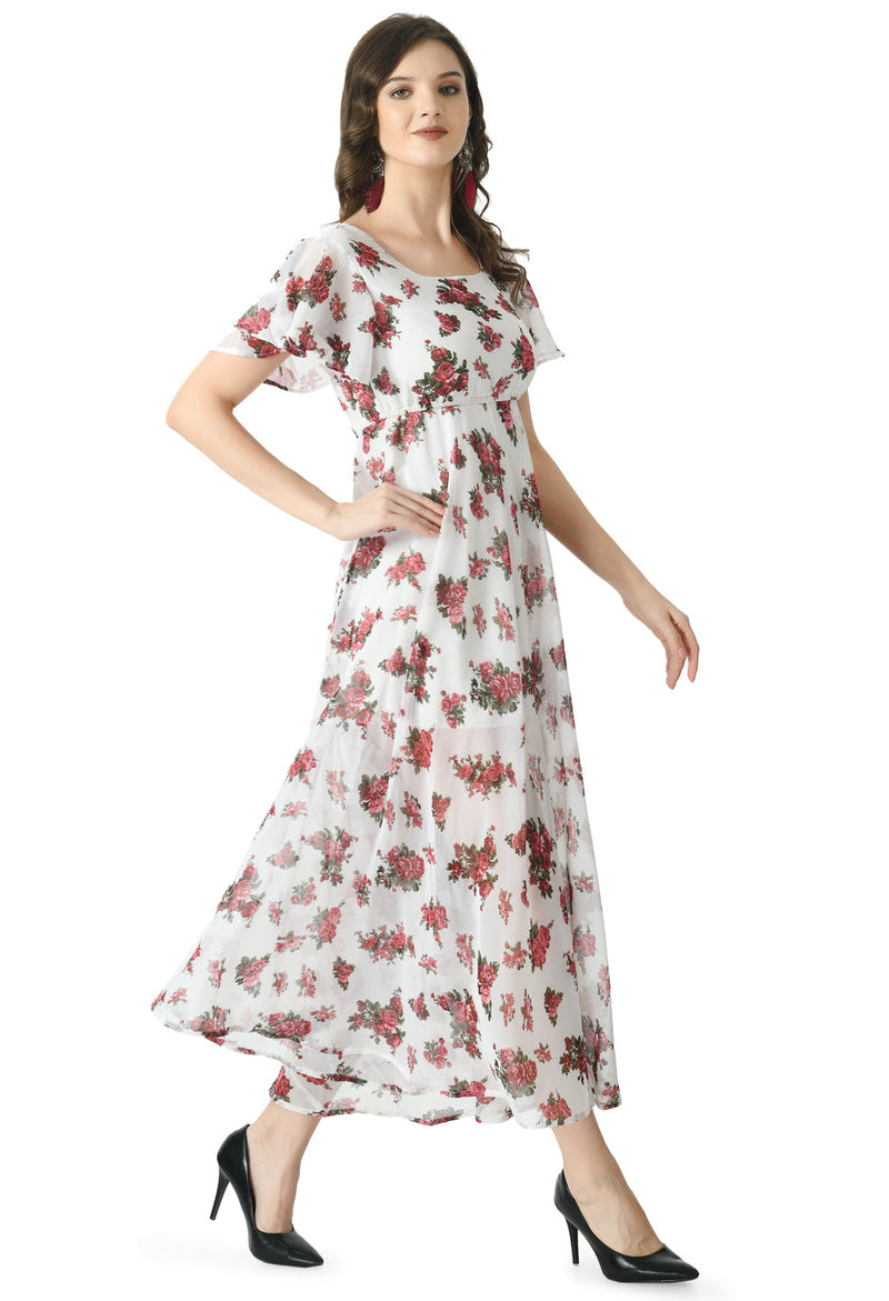 Floral Print Georgette Flared Sleeves White Maxi Dress