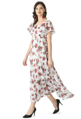 Floral Print Georgette Flared Sleeves White Maxi Dress