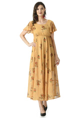 Floral Print Georgette Flared Sleeves Beige Maxi Dress