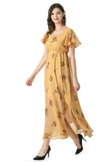 Floral Print Georgette Flared Sleeves Beige Maxi Dress