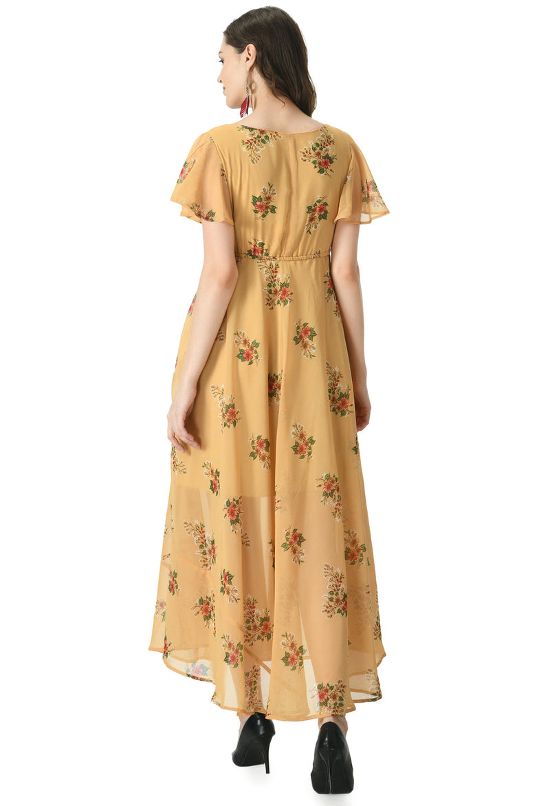 Floral Print Georgette Flared Sleeves Beige Maxi Dress