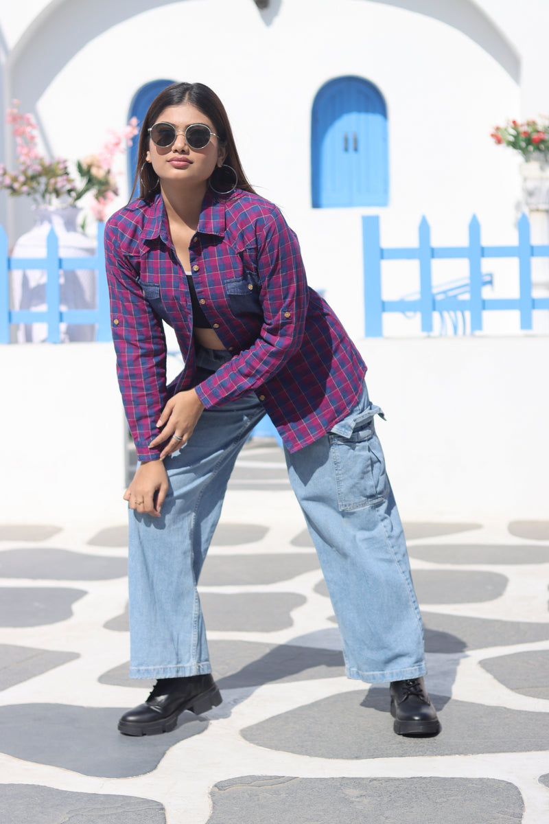 Senorita Pink Indigo Denim Checks  100% Cotton Checks Shirt , Full sleeve