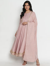 The Women's Embroidered Full Sleeve Round Neck Kurta and Pant with Dupatta Anarkali Set