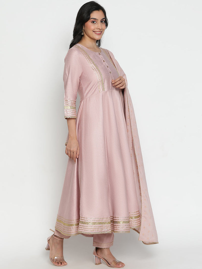 The Women's Embroidered Full Sleeve Round Neck Kurta and Pant with Dupatta Anarkali Set