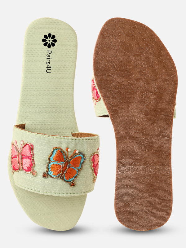 Pairs4U Pista Canvas upper Flip-Flop Flats with Embroidered For Womens