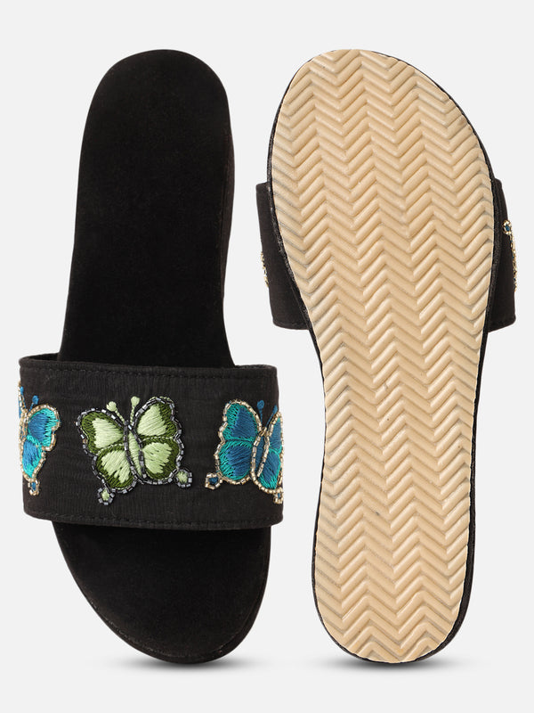 Pairs4U Black Canvas Flip-Flop Flats with Embroidered For Womens