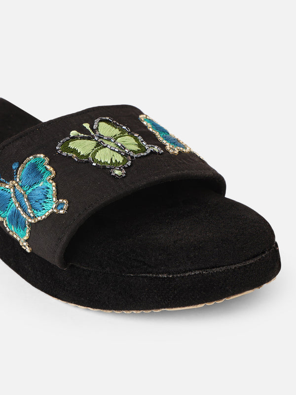 Pairs4U Black Canvas upper Flip-Flop Flats with Embroidered For Womens