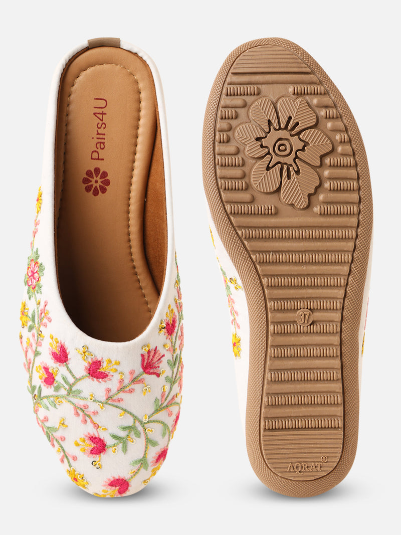 Pairs4U White Canvas Upper Flats with Embroidered For Womens