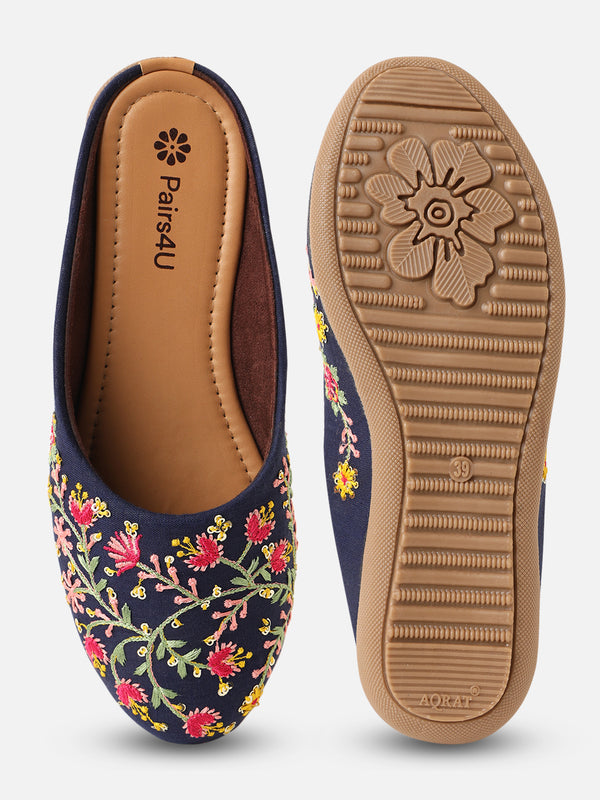 Pairs4U Blue Canvas Upper Flats with Embroidered For Womens