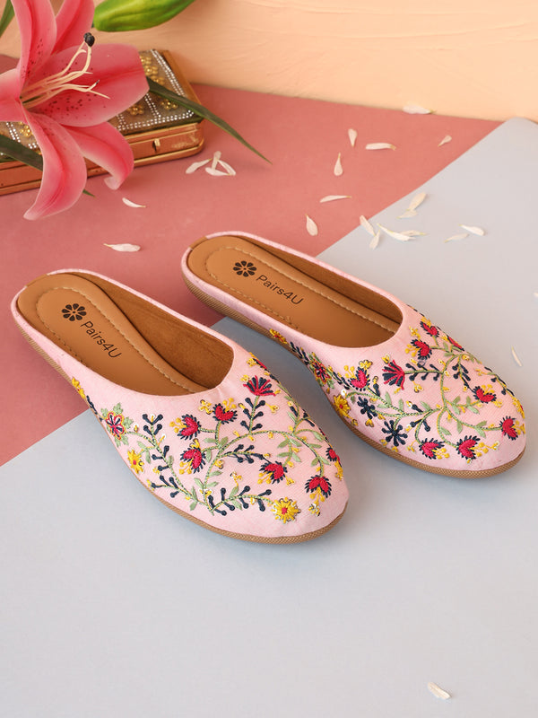 Pairs4U Light Pink Canvas upper Flats with Embroidered For Womens