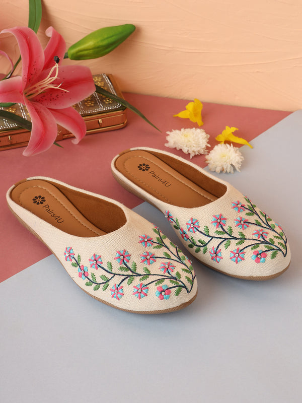 Pairs4U Off White Canvas Upper Flats with Embroidered For Womens