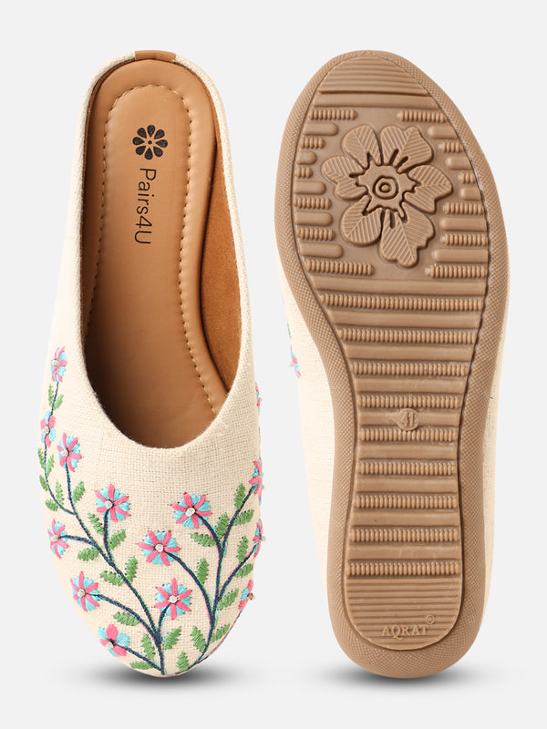 Pairs4U Off White Canvas Upper Flats with Embroidered For Womens