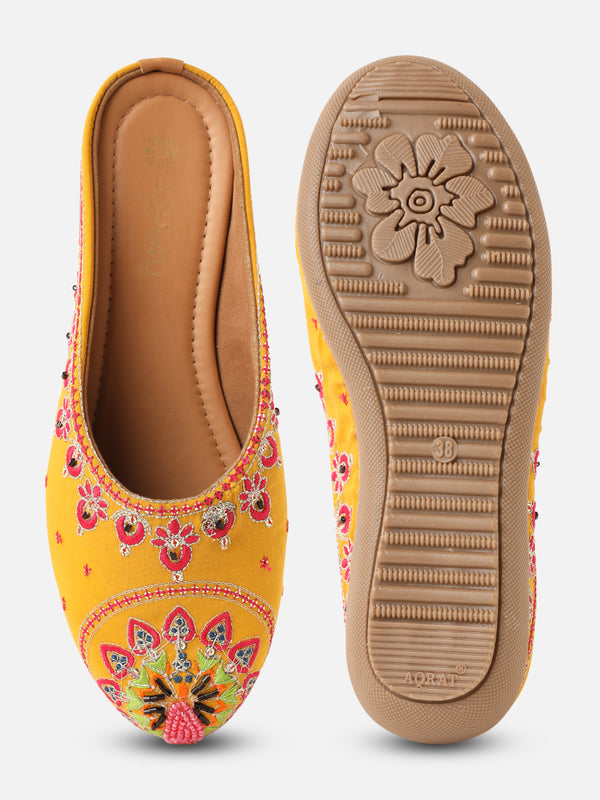 Pairs4U Mustard Canvas Upper Flats with Embroidered For Womens