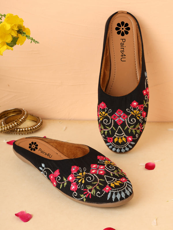 Pairs4U Black Canvas Upper Flats with Embroidered For Womens