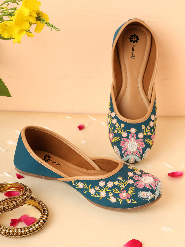 Pairs4U Teal Canvas Upper Flats with Embroidered For Womens