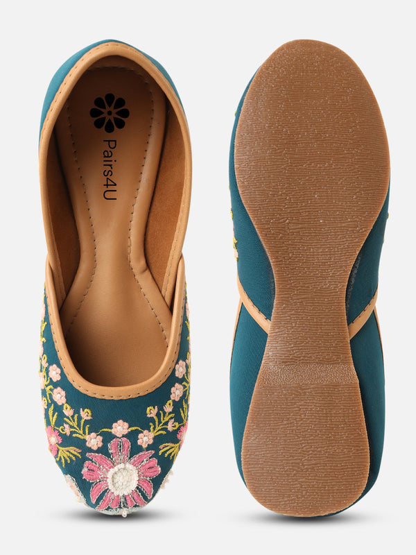 Pairs4U Teal Canvas Upper Flats with Embroidered For Womens