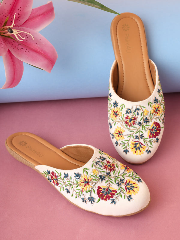 Pairs4U White Canvas upper Flats with Embroidered For Womens