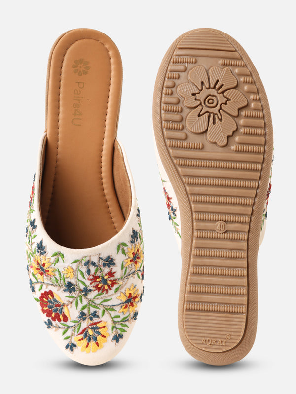 Pairs4U White Canvas upper Flats with Embroidered For Womens