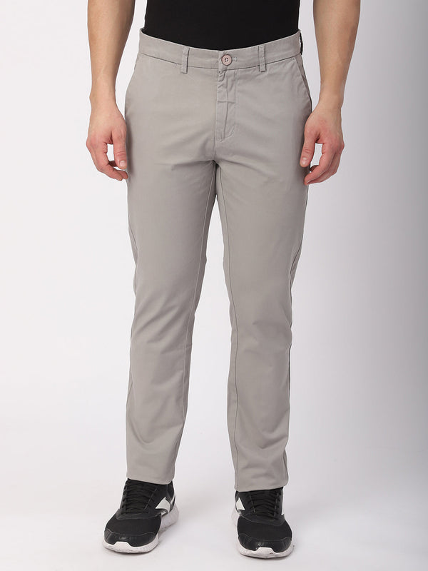 Stitch Hub Grey Fine Twill Cotton Chinos For Men- Regular Fit With Solid Pattern